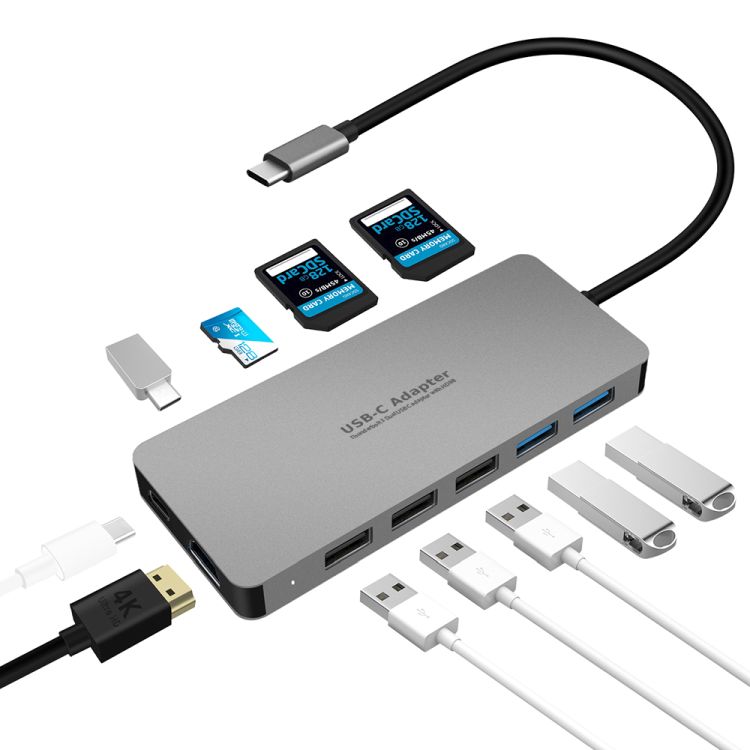 11 in 1 Metall HUB (Dockingstation) mit 1x HDMI, 1x C-Port mit PD, 2x USB 3.0, 3x USB 2.0, 1x MicroSD und 2x SD-Ports, Exsys® [EX-1221HM]