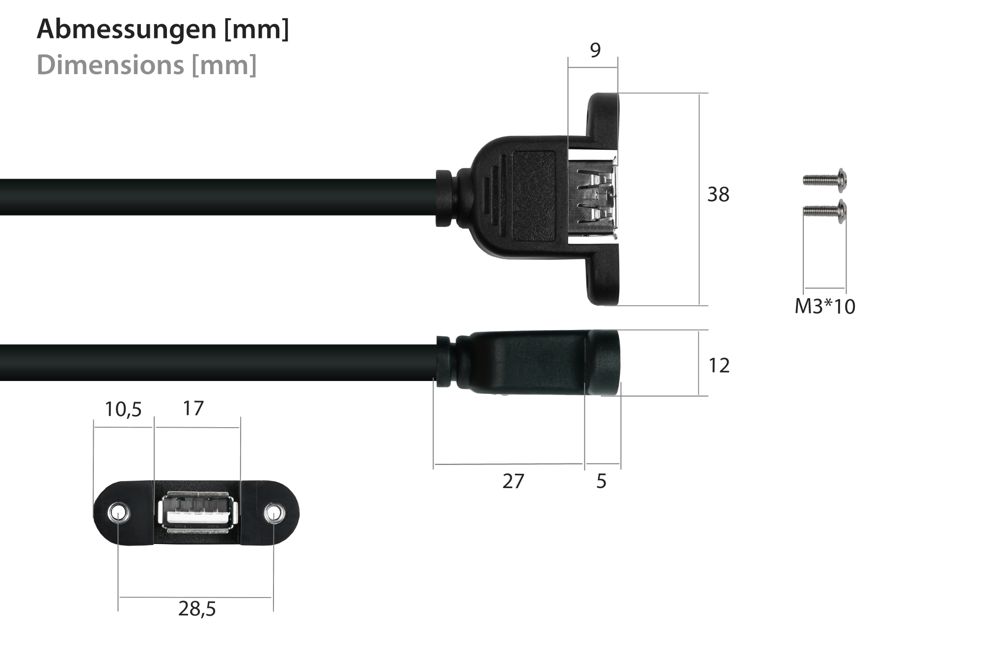 kabelmeister® Einbau-Verlängerungskabel USB 2.0 Stecker A an Einbaubuchse A, Premium, DATA AWG28 / Power AWG24, KUPFER, schwarz, 2m