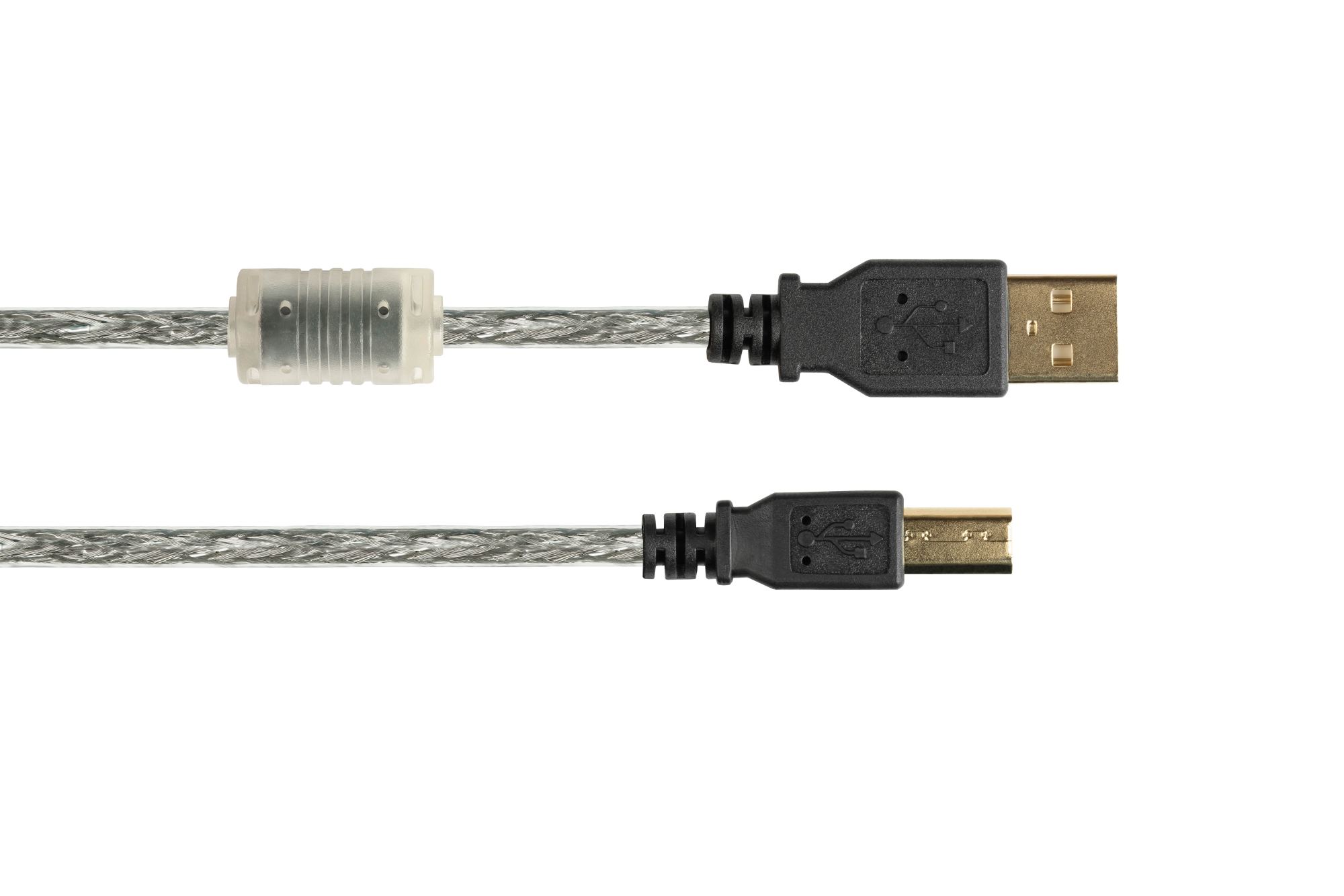 Anschlusskabel USB 2.0 Stecker A an Stecker B, High Quality mit Ferritkern und Goldkontakten, transparent, 3m, Good Connections®