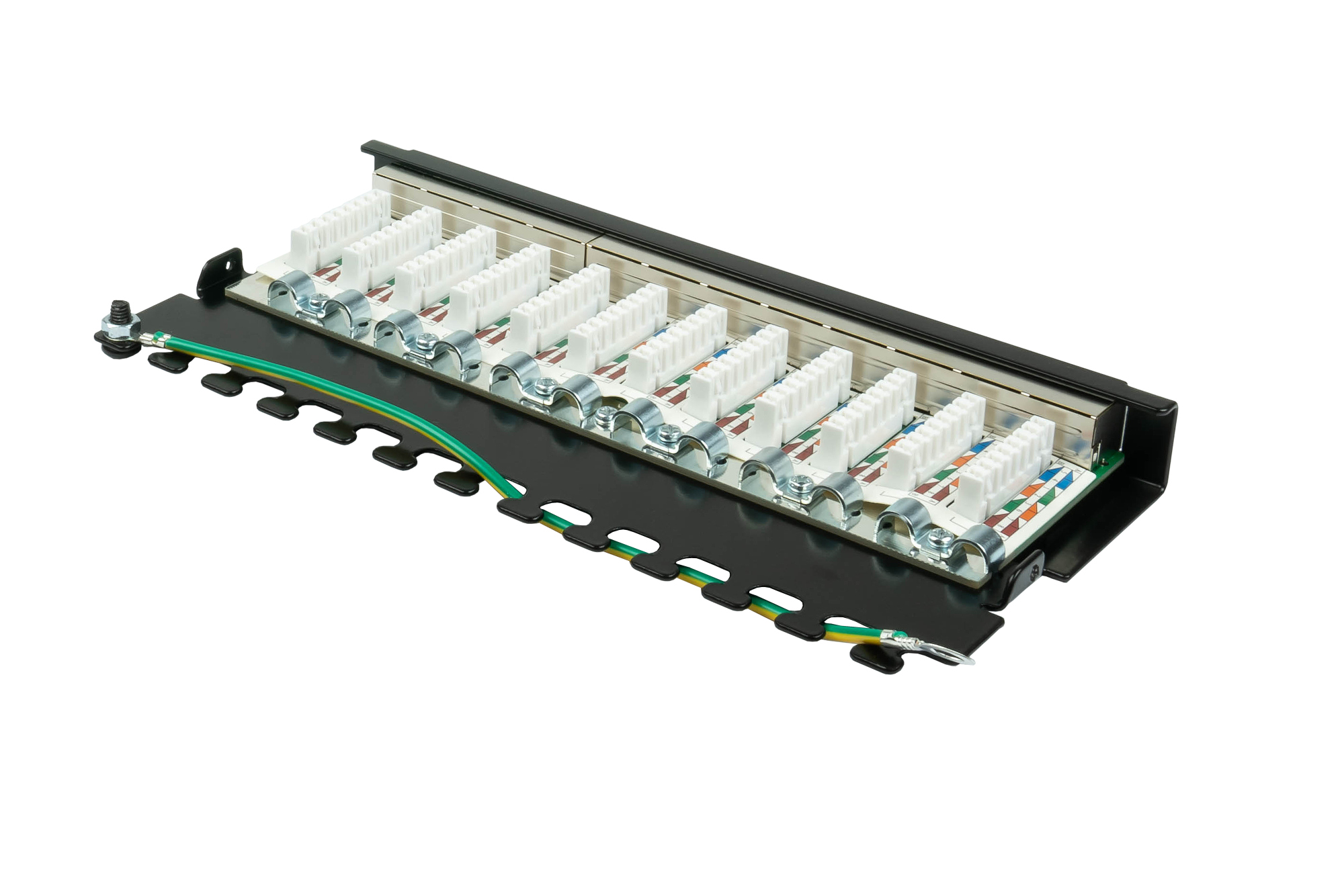 Patchpanel Desktop Cat. 6, 12-Port, 0,5 HE, STP geschirmt, werkzeugloses Öffnen, Tiefschwarz (RAL9005), Good Connections®