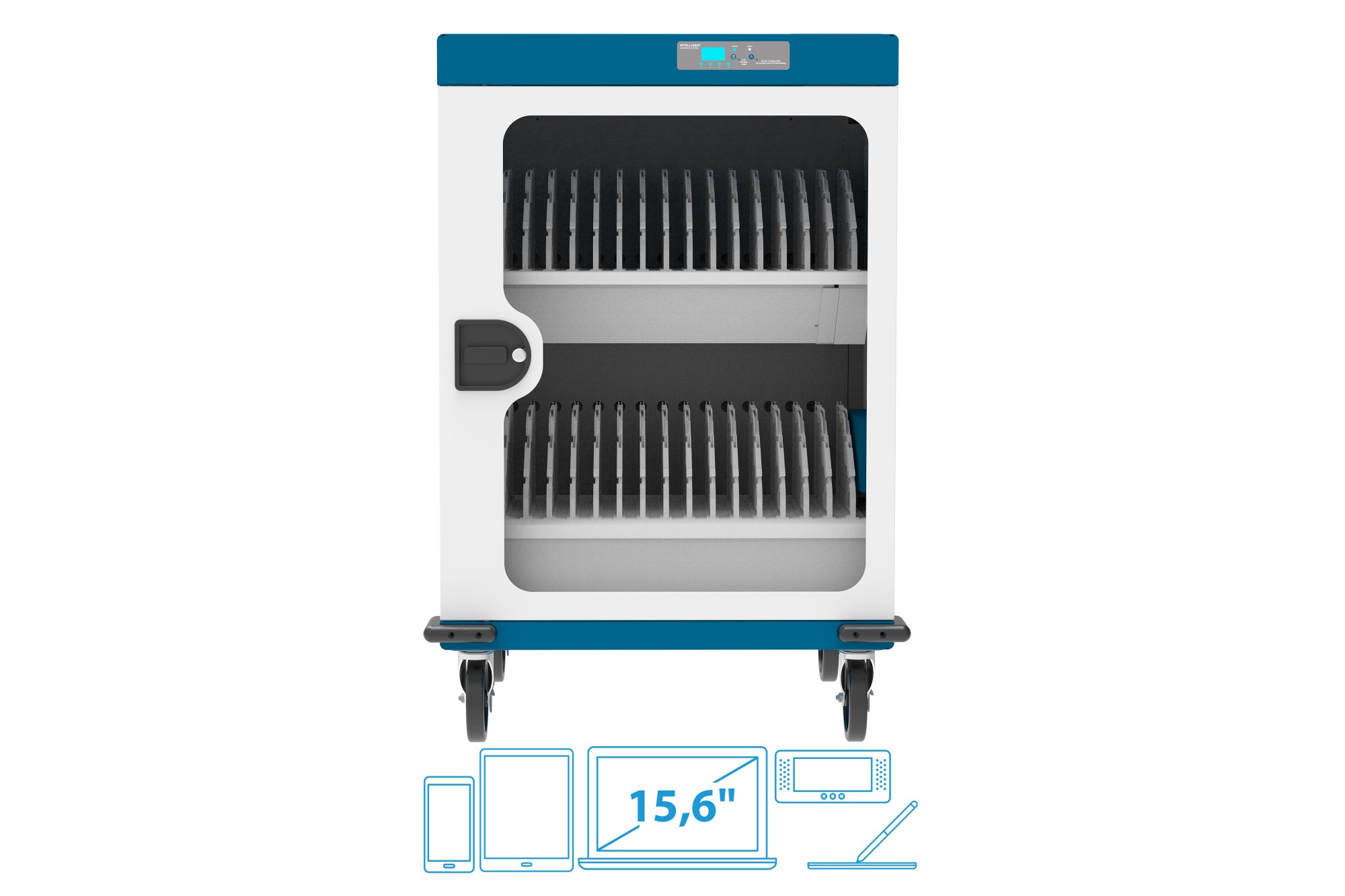 Good Connections® GEMMA N32 Notebook-Ladewagen für 32 Geräte, Schutzkontaktbuchsen, weiß/blau