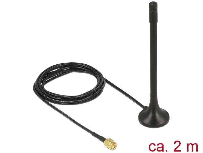 Antenne ISM 433 MHz SMA 2 dBi 2 m RG-174 starr omnidirektional magnetischer Standfuß schwarz, Delock® [89490]