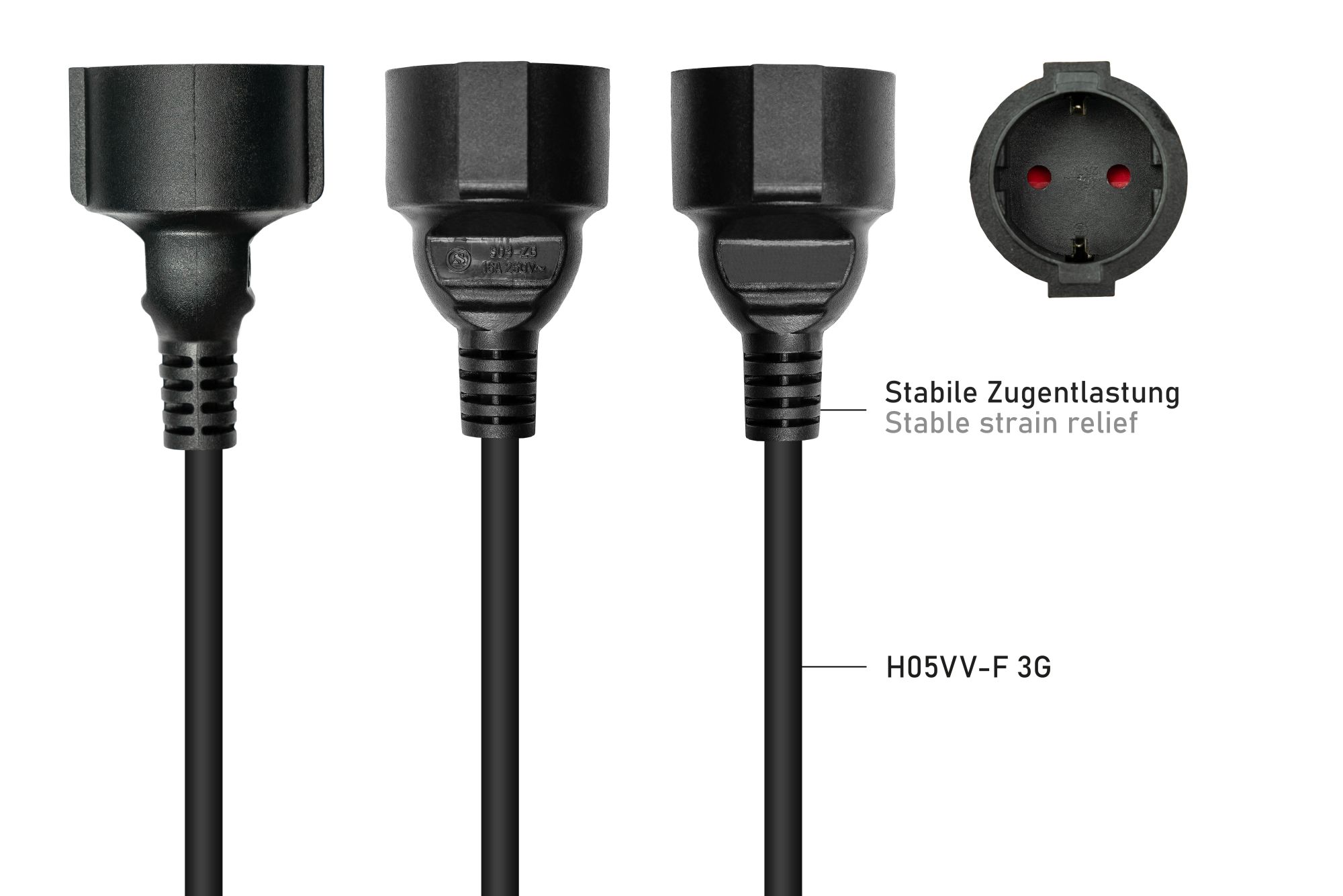 kabelmeister® W-Netzkabel Schutzkontakt-Stecker Typ E+F (CEE 7/7, gewinkelt) an 3x Buchse, schwarz, 0,2m