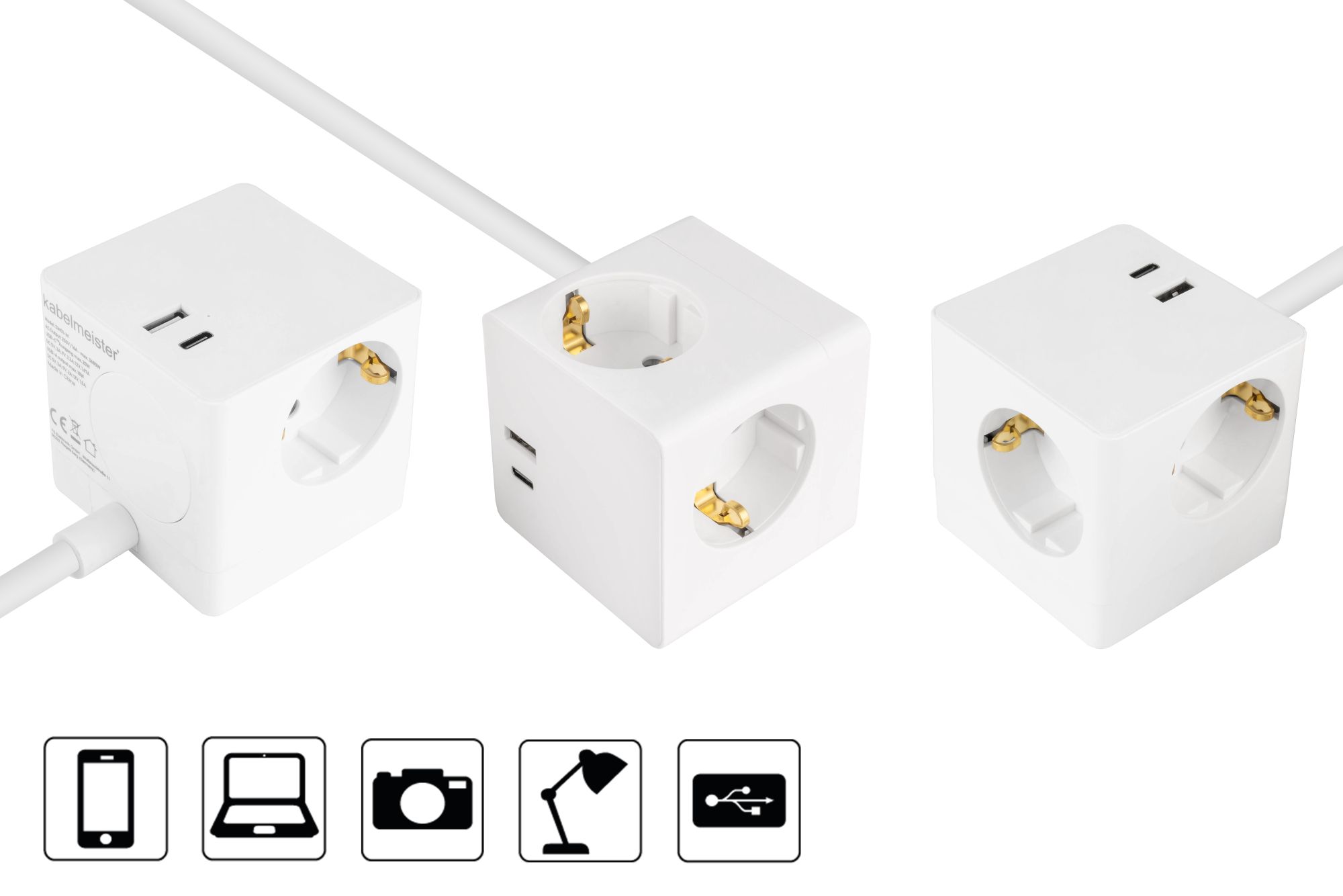 kabelmeister® Steckdosenwürfel mit 3m Zuleitung, 3x Schutzkontakt-Buchse, USB-C™ (20W, PD 3.0) und USB-A Buchse (18W), weiß