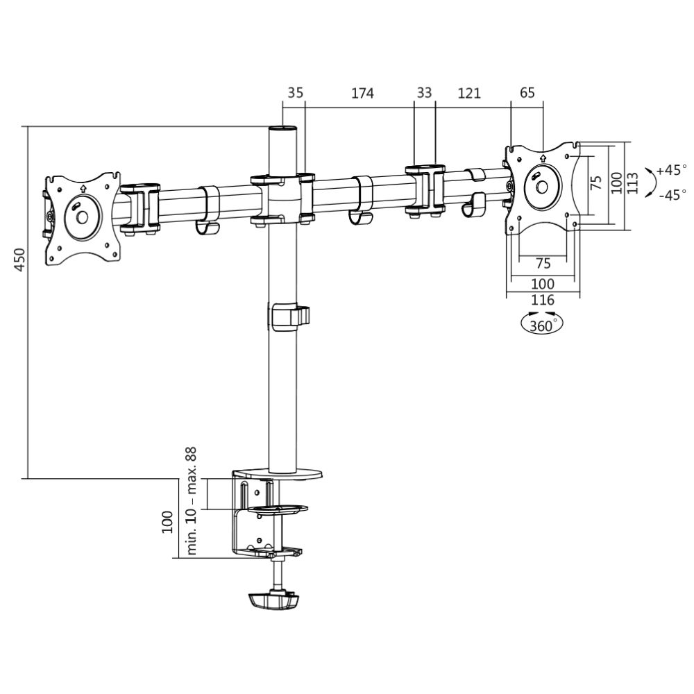 2-fach Monitor-Schreibtischhalterung, neigbar -45°/+45°, schwenkbar 180°, drehbar 360°, 13"-27", max. 8 kg Belastung, LogiLink® [BP0022]