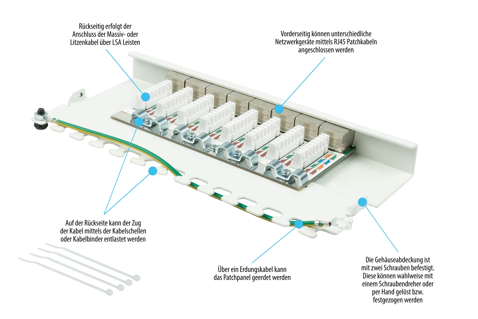 Patchpanel Desktop Cat. 6A, 8-Port, 0,5 HE, STP geschirmt, werkzeugloses Öffnen, Reinweiß (RAL9010), Good Connections®