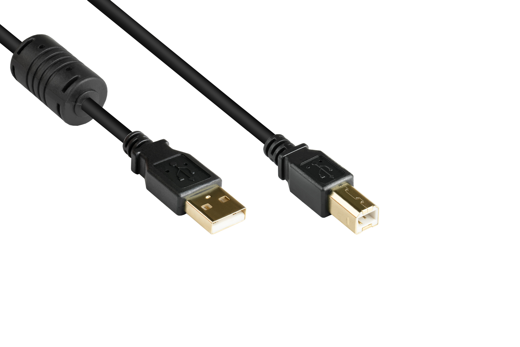Anschlusskabel USB 2.0 Stecker A an Stecker B, mit Ferritkern, vergoldet, schwarz, 5m, Good Connections®