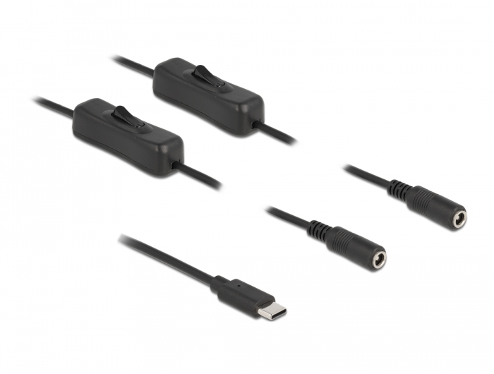 Kabel USB Type-C™ Stecker zu 2 x DC 5,5 x 2,1 mm Buchse mit Schalter 1 m, Delock® [86800]