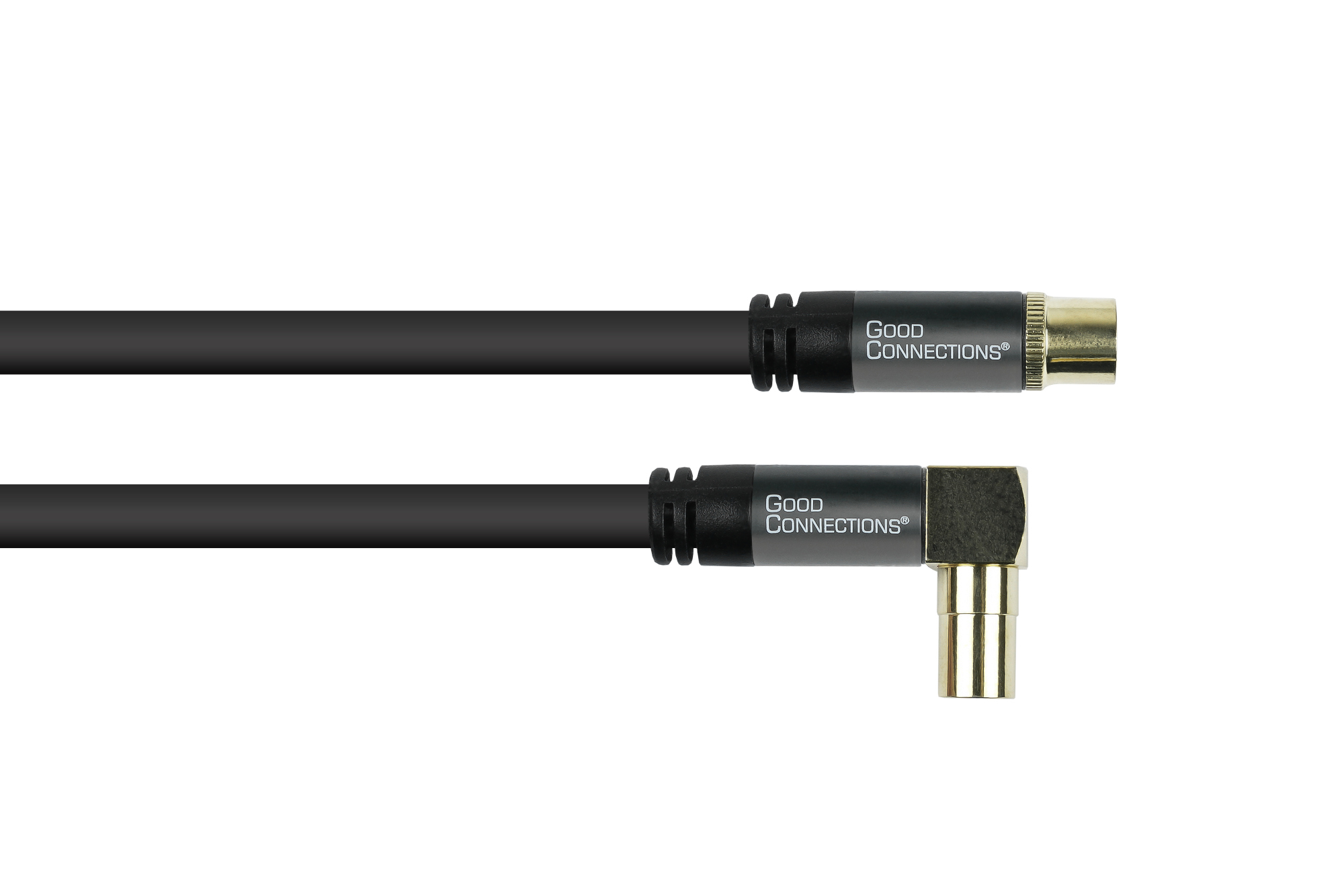 TV Antennenkabel SmartFLEX, IEC/Koax Winkel-Stecker an Buchse, vergoldet, vierfach geschirmt, 120 dB, 75 Ohm, CU, schwarz, 2m, Good Connections®