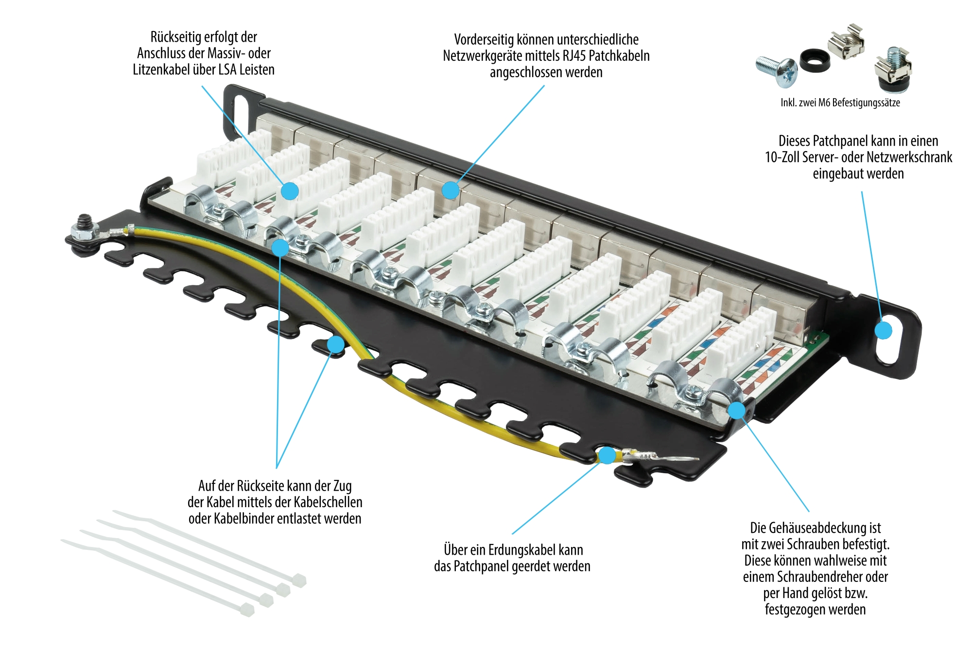 Patchpanel 10" Cat. 6A, 12-Port, 0,5 HE, STP geschirmt, werkzeugloses Öffnen, Tiefschwarz (RAL9005), Good Connections®
