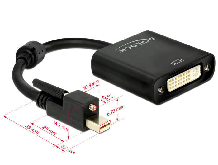 Adapter mini Displayport 1.2 Stecker mit Schraube an DVI Buchse 4K Aktiv schwarz, Delock® [62639]