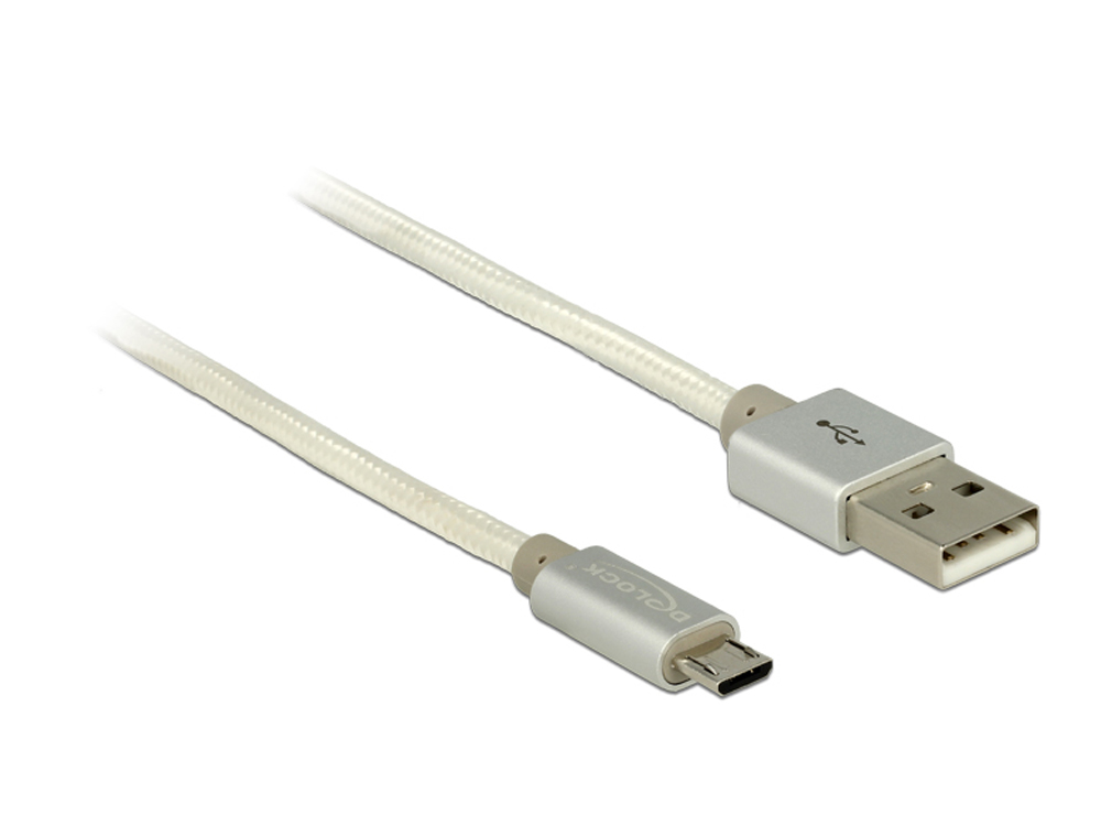 Anschlusskabel USB 2.0 A Stecker an USB 2.0 Micro B Stecker mit Textilummantelung, weiß, 2m, Delock® [83917]