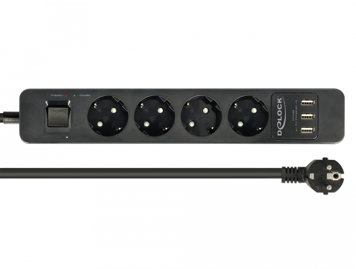Steckdosenleiste 4-fach mit Überspannungsschutz und 3x USB, 1,5m, schwarz, Delock® [11209]