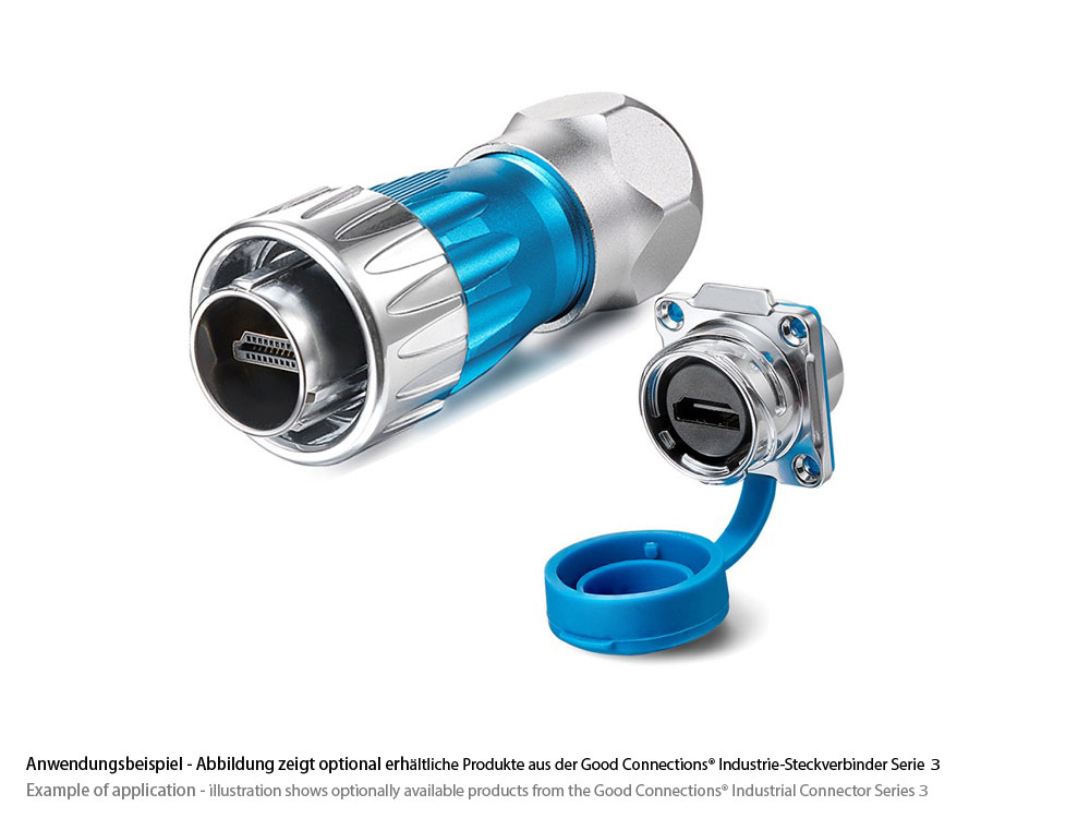 Industrie-Steckverbinder S3 - HDMI 2.0b Kabel, Stecker A mit Kabelverschraubung an Stecker A, Metall, M24, Bajonett, IP65/67, 1m, Good Connections®