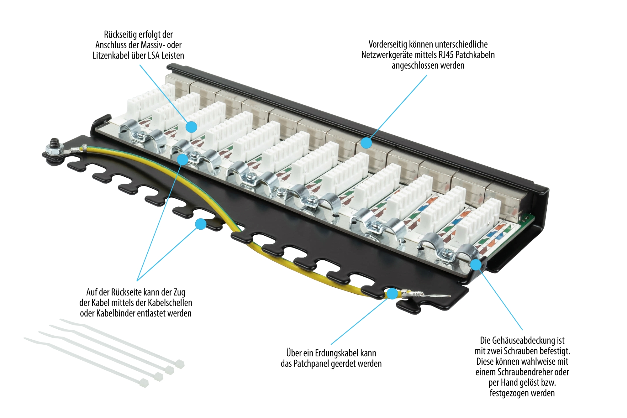 Patchpanel Desktop Cat. 6A, 12-Port, 0,5 HE, STP geschirmt, werkzeugloses Öffnen, Tiefschwarz (RAL9005), Good Connections®