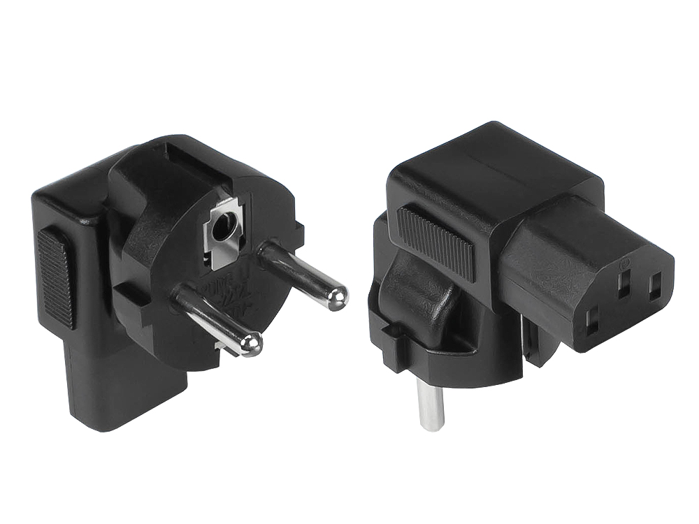 Stromadapter Schutzkontakt-Stecker Typ E+F (CEE 7/7) an Kaltgeräte-Buchse C13, abgewinkelt, schwarz, Good Connections®