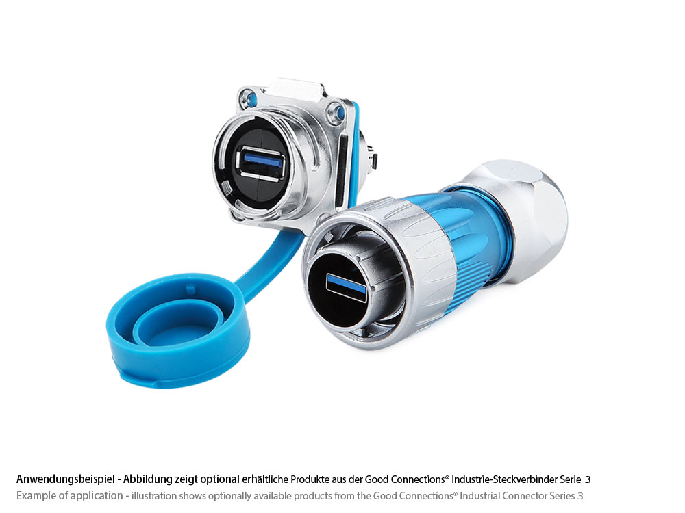 Industrie-Steckverbinder S3 - USB 3.0 Durchführungskupplung mit Flansch, Buchse A beidseitig, Metall, M24, Bajonett, IP65/67, Good Connections®