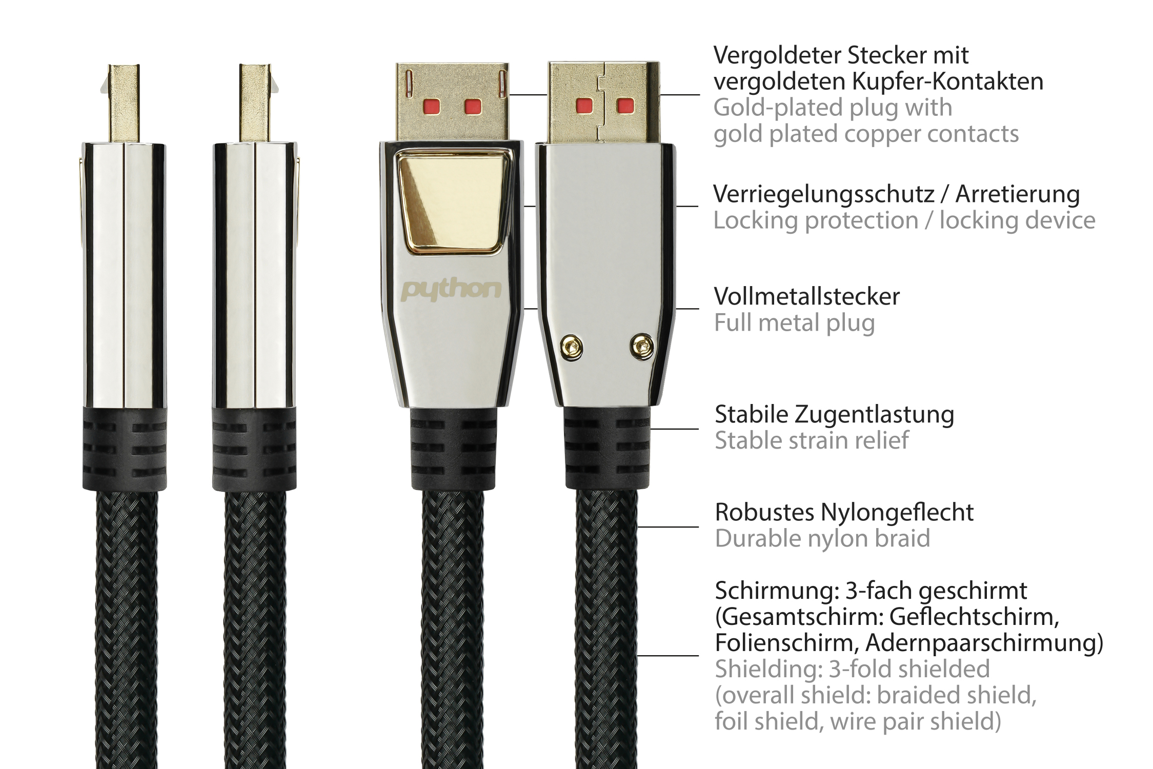 Anschlusskabel DisplayPort 1.4, 8K / UHD-2 @60Hz, Vollmetallstecker, vergoldete Kontakte, OFC, Nylongeflecht schwarz, 2m, PYTHON® Series