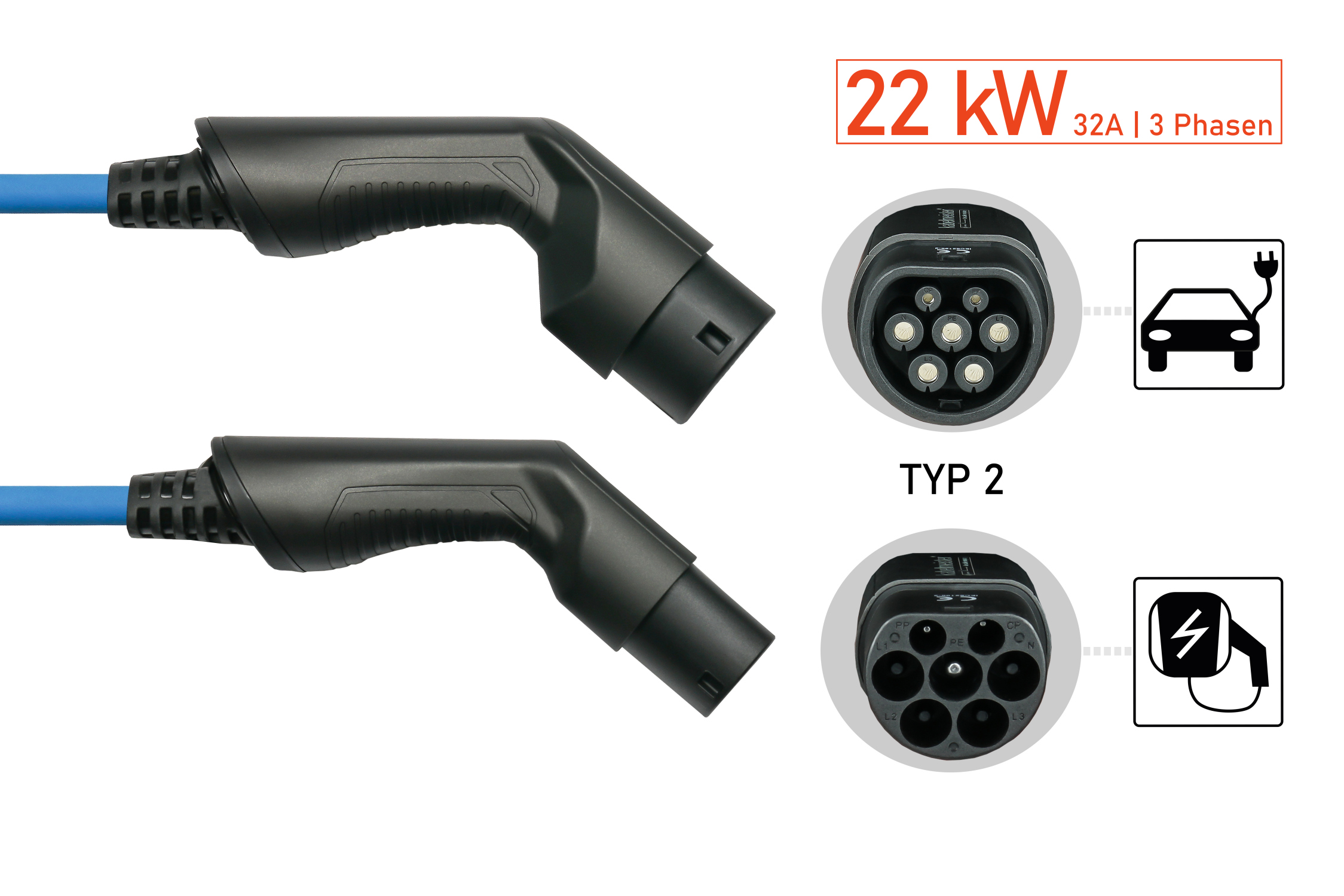 kabelmeister® Typ 2 Ladekabel für Elektro- und Hybridfahrzeuge, 3-phasig, 32 A, 22 kW, blau, 5m