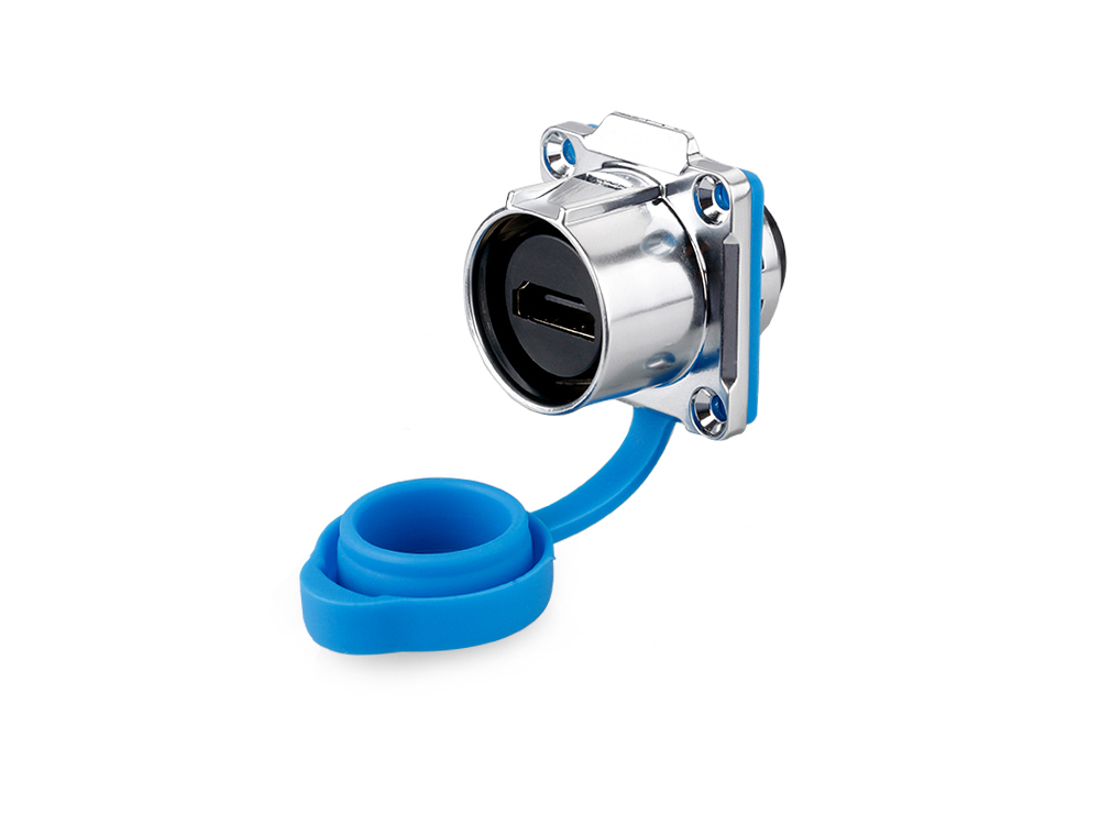 Industrie-Steckverbinder S1 - HDMI Durchführungskupplung mit Flansch, Buchse A beidseitig, Metall, M24, IP65/67, Good Connections®