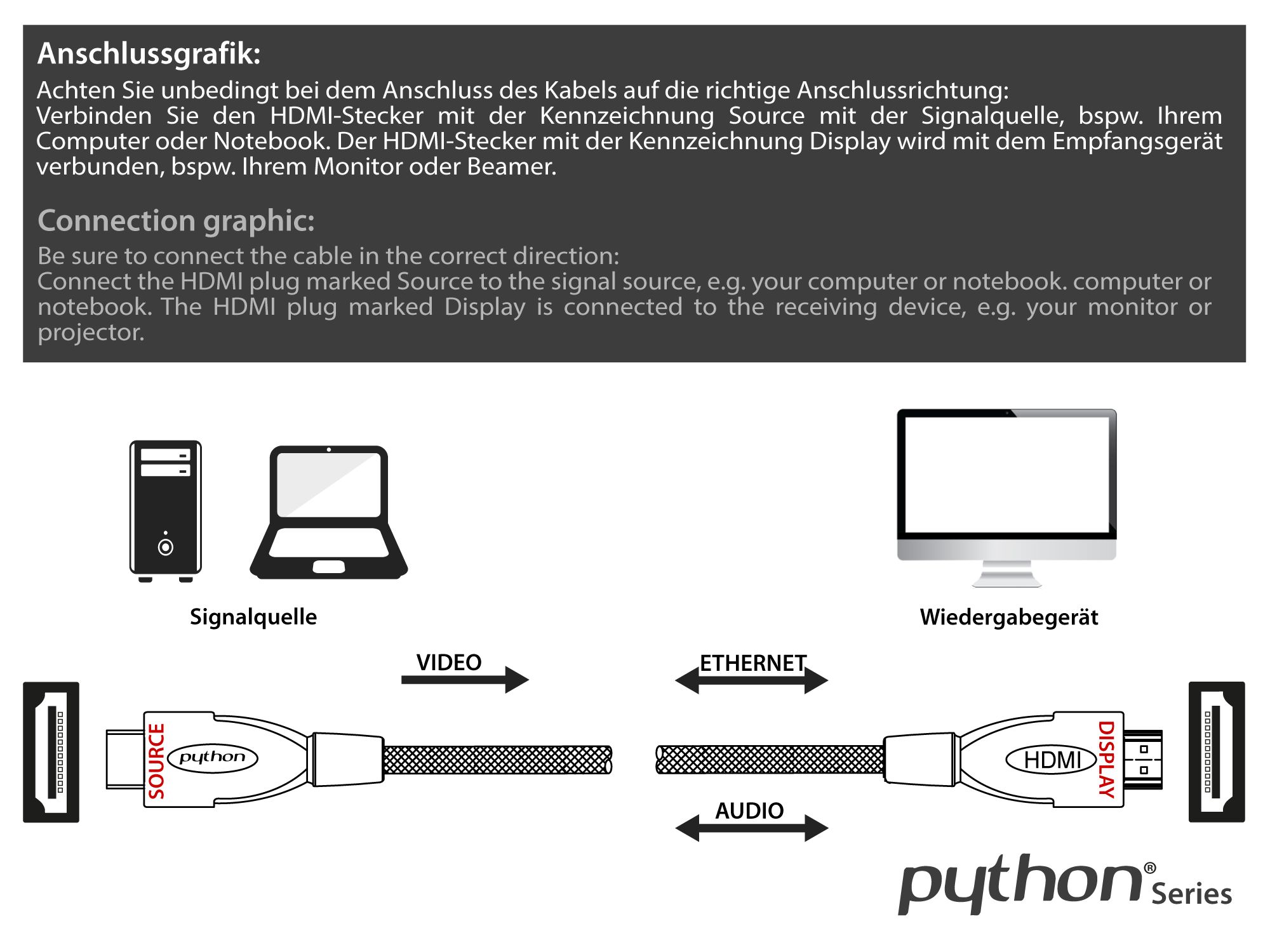 Anschlusskabel High-Speed-HDMI® mit Ethernet 4K2K / UHD, AKTIV, 24K vergoldete Kontakte, OFC, Nylongeflecht weiß, 25m, PYTHON® Series