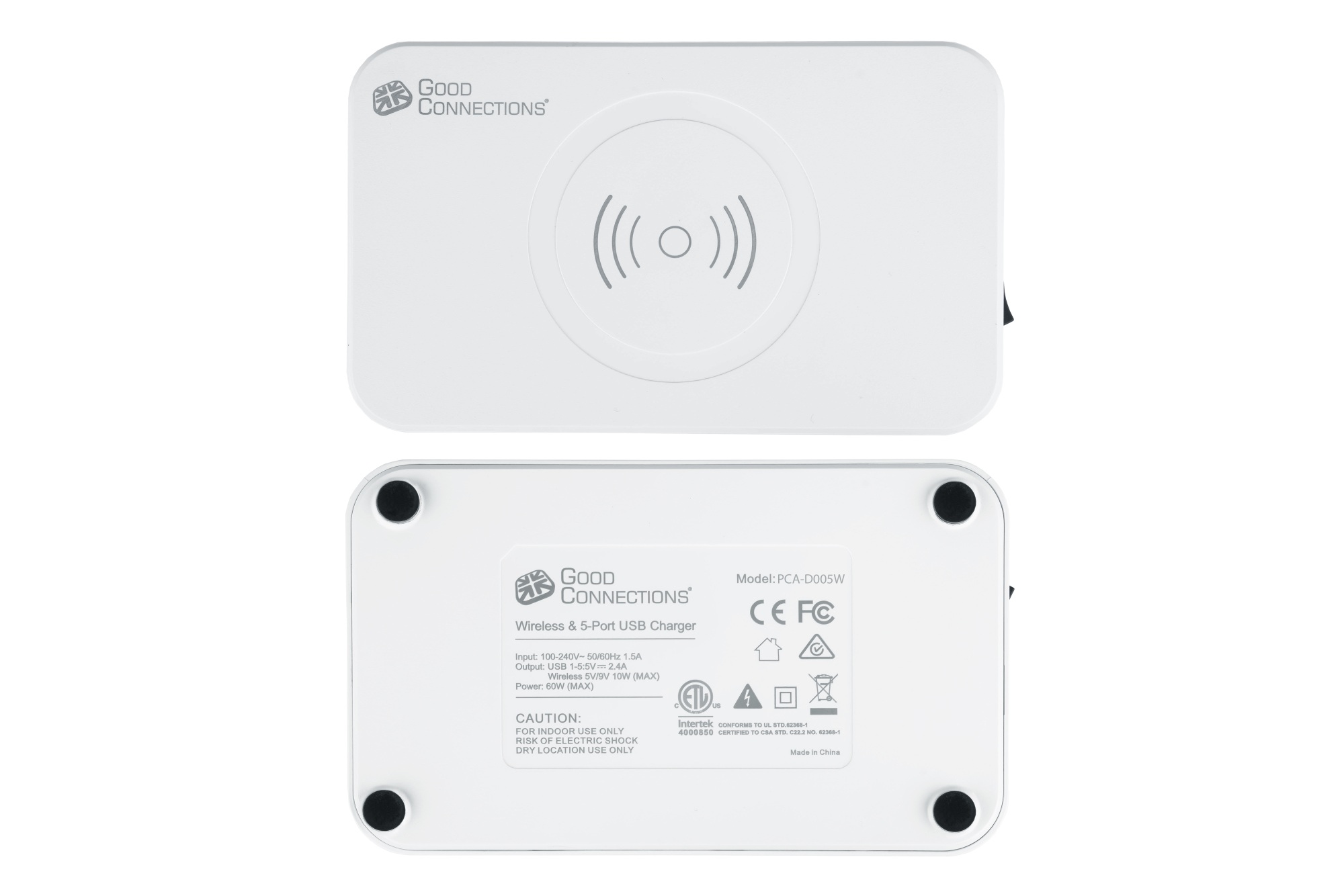 USB-Desktop-Ladestation 60W, 5-Port (1x USB-C™ und 4x USB-A), 10W Qi Wireless Charging, weiß, Good Connections®