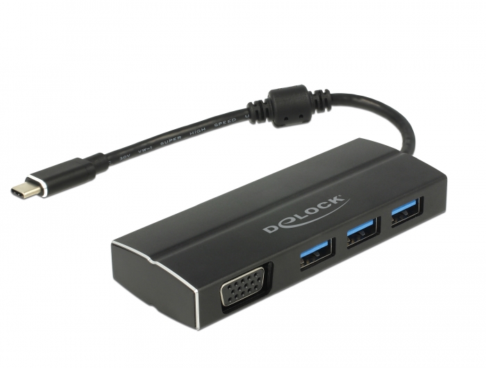 USB 3.1 Gen 1 Adapter USB Type-C™ zu 3 x USB 3.0 Typ-A Hub + 1 x VGA (DP Alt Mode), Delock® [63932]