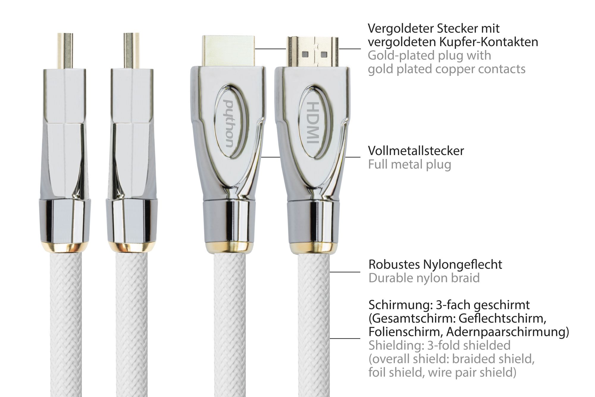 Anschlusskabel HDMI® 2.0 Kabel 4K2K / UHD 60Hz, 24K vergoldete Kontakte, OFC, Nylongeflecht weiß, 1m, PYTHON® Series