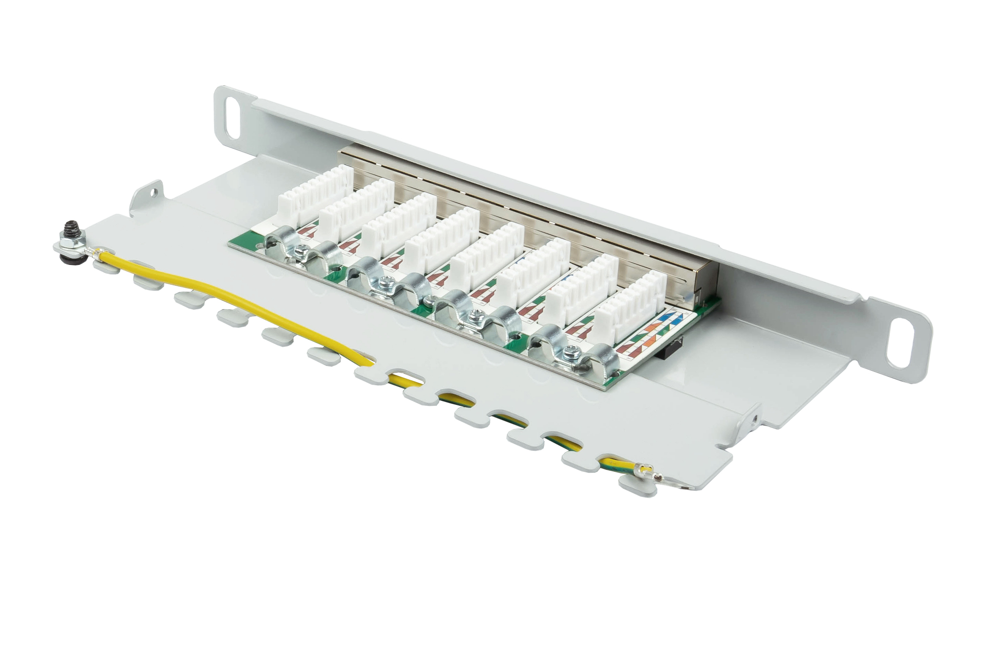 Patchpanel 10" Cat. 6, 8-Port, 0,5 HE, STP geschirmt, werkzeugloses Öffnen, Lichtgrau (RAL7035), Good Connections®