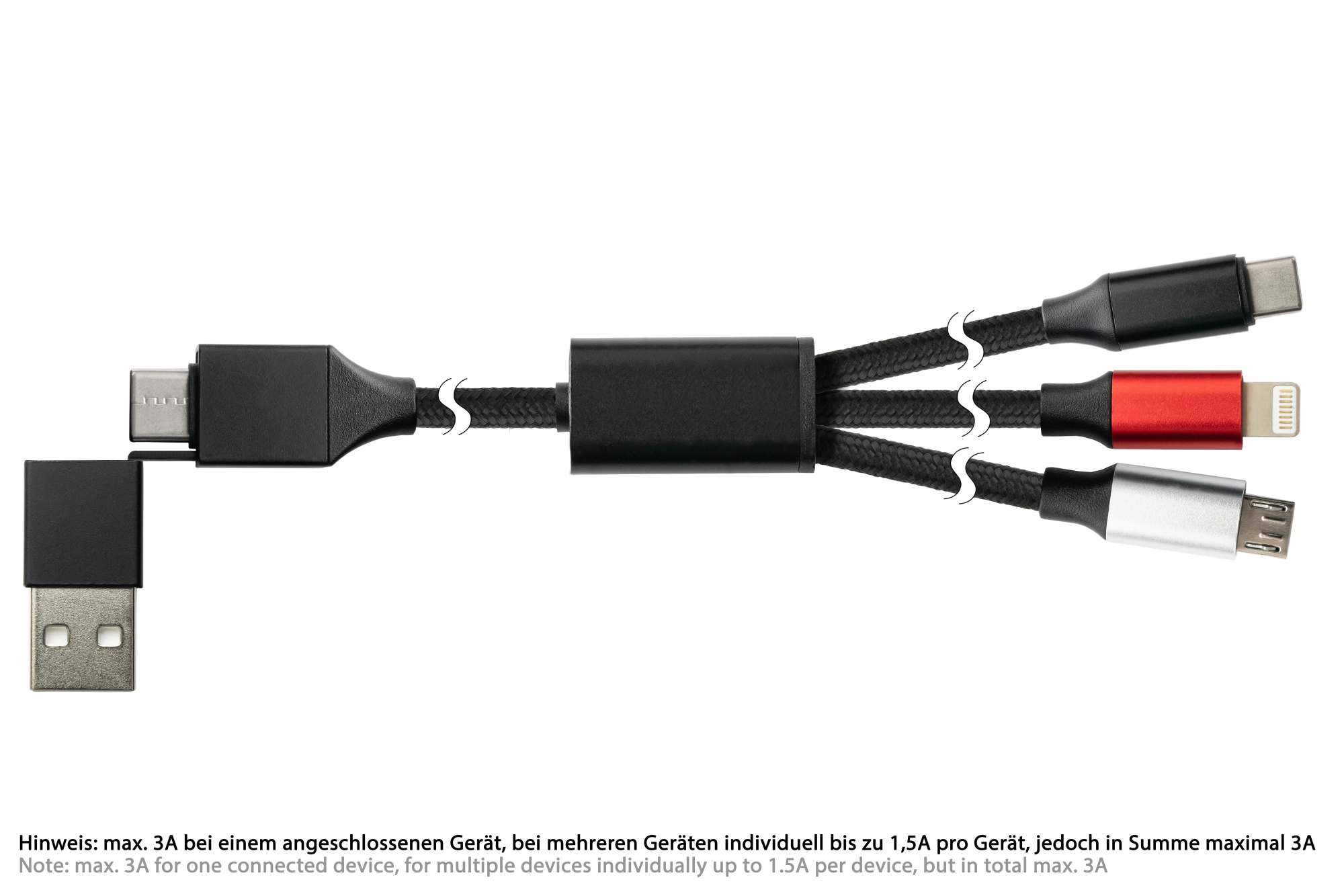 USB 6-in-1 Ladekabel, USB-A und USB-C™ an USB-C™ / USB Micro B / Lightning™, 3A, Textilmantel, schwarz, 1,2m, PYTHON® Series