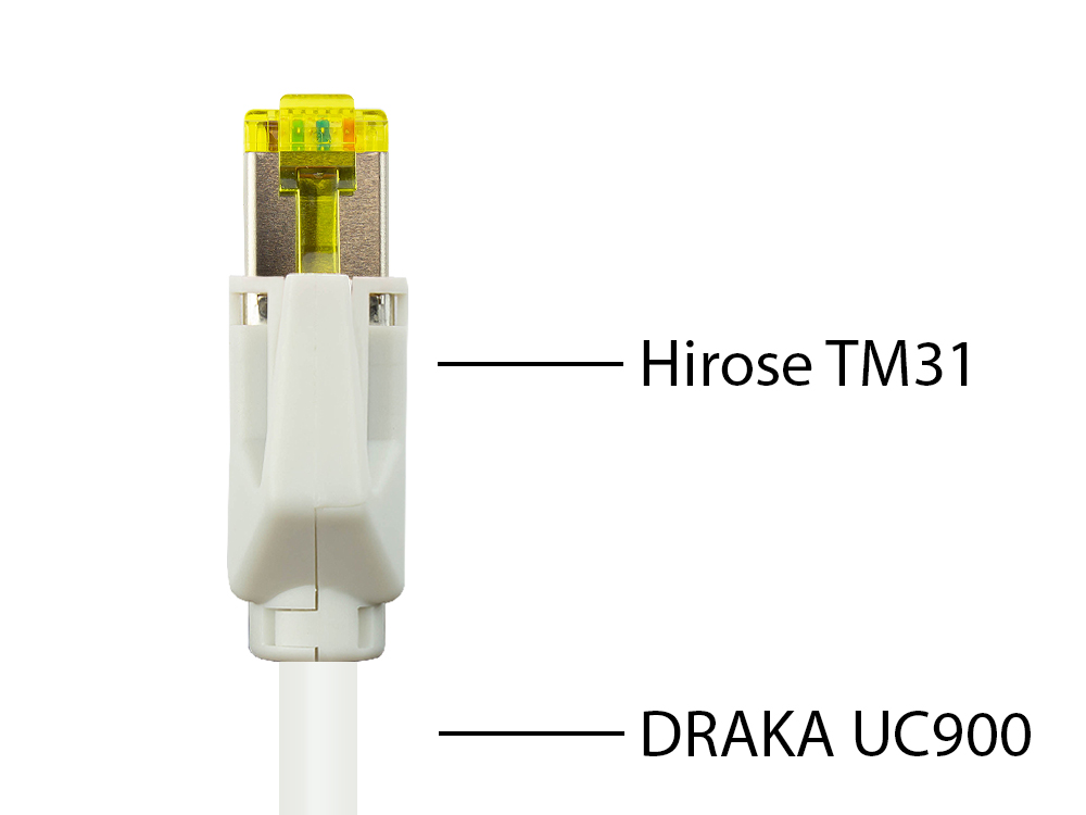 Patchkabel mit Cat. 7 Draka UC900 Rohkabel (900MHz) und Hirose TM31 Stecker (500MHz) beidseitig, S/FTP, PiMF, halogenfrei (LSZH), KUPFER, weiß, 12m