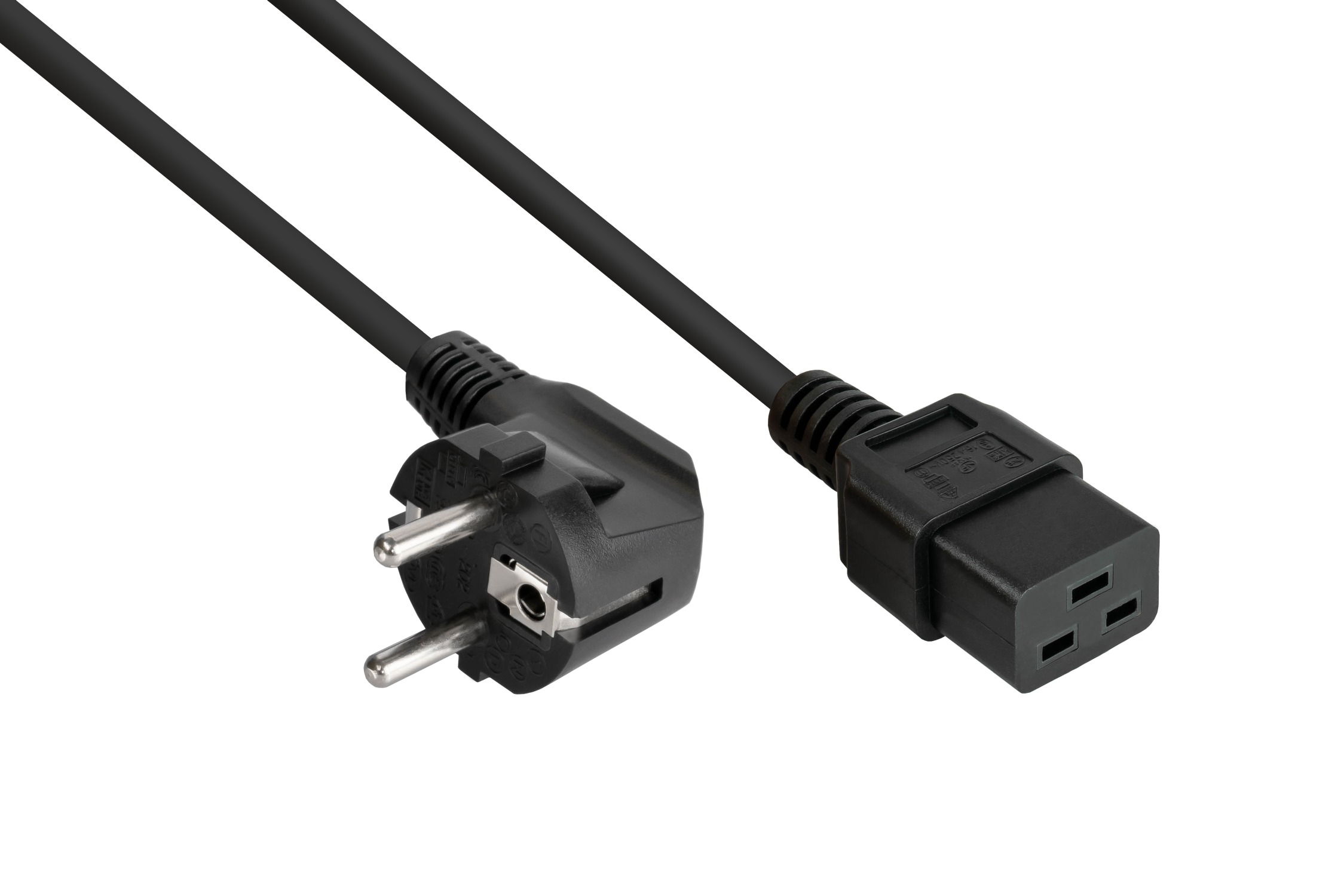 kabelmeister® Netzkabel Schutzkontakt-Stecker Typ E+F (90° gew.) an Kaltgeräte-Buchse C19, schwarz, 1,50mm², 3m