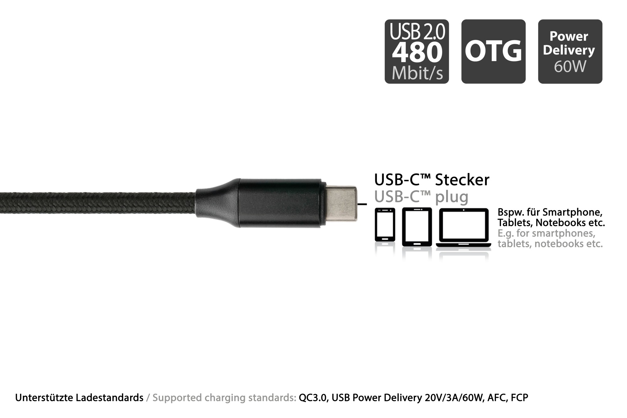 USB 2.0 Lade- und Datenkabel, USB-A und USB-C™ an USB-C™, QC 3.0, PD 60W, Textilmantel, schwarz, 1m, PYTHON® Series