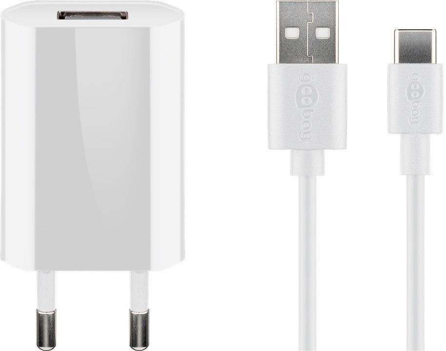 USB-Ladegerät, 1 Port, 1A, flache Bauform, inkl. Anschlusskabel USB Stecker A an USB-C™ Stecker, weiß, 1m