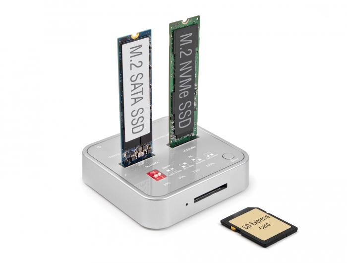 Dockingstation für 1 x M.2 NVMe SSD + 1 x M.2 SATA SSD mit SD Express (SD 7.1) Card Reader und Klon Funktion, Delock® [64138]