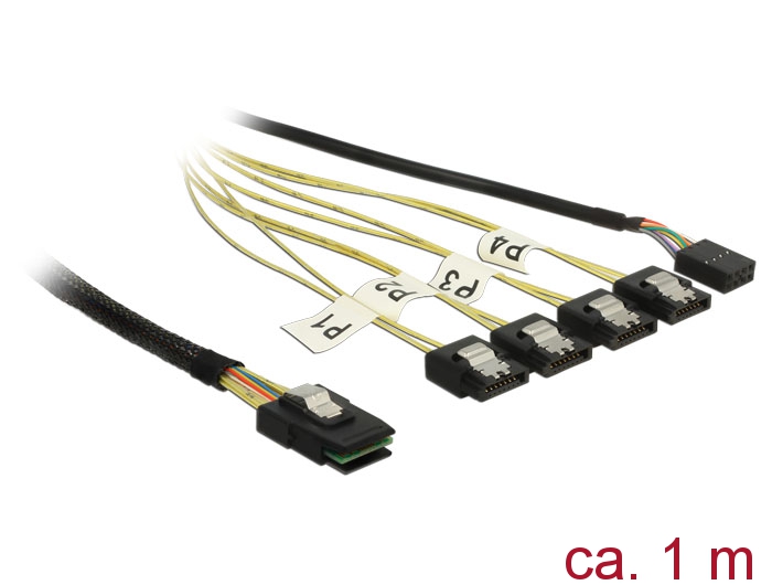 Mini SAS SFF-8087 an 4x SATA 7 Pin Reverse + Sideband, 1m, Delock® [83319]