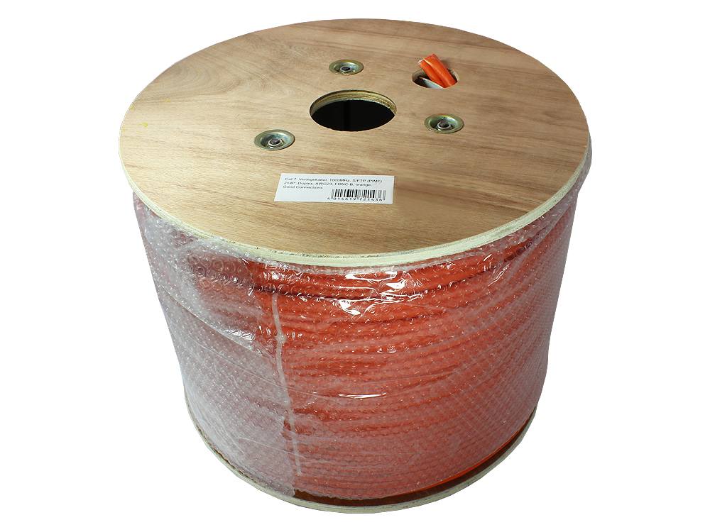 Verlegekabel Cat. 7 Duplex, S/FTP, PiMF, halogenfrei (LSZH), 1000MHz, AWG23/1, FRNC-B, ECA, orange, 500m, Good Connections®