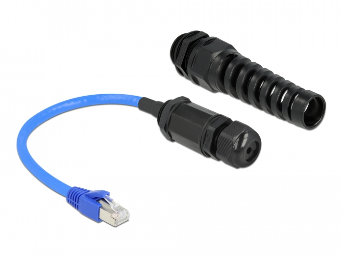 Kabel RJ45 Stecker zu RJ45 Buchse Cat.6 wasserdicht mit Kabelverschraubung und Knickschutztülle, Delock® [66809]
