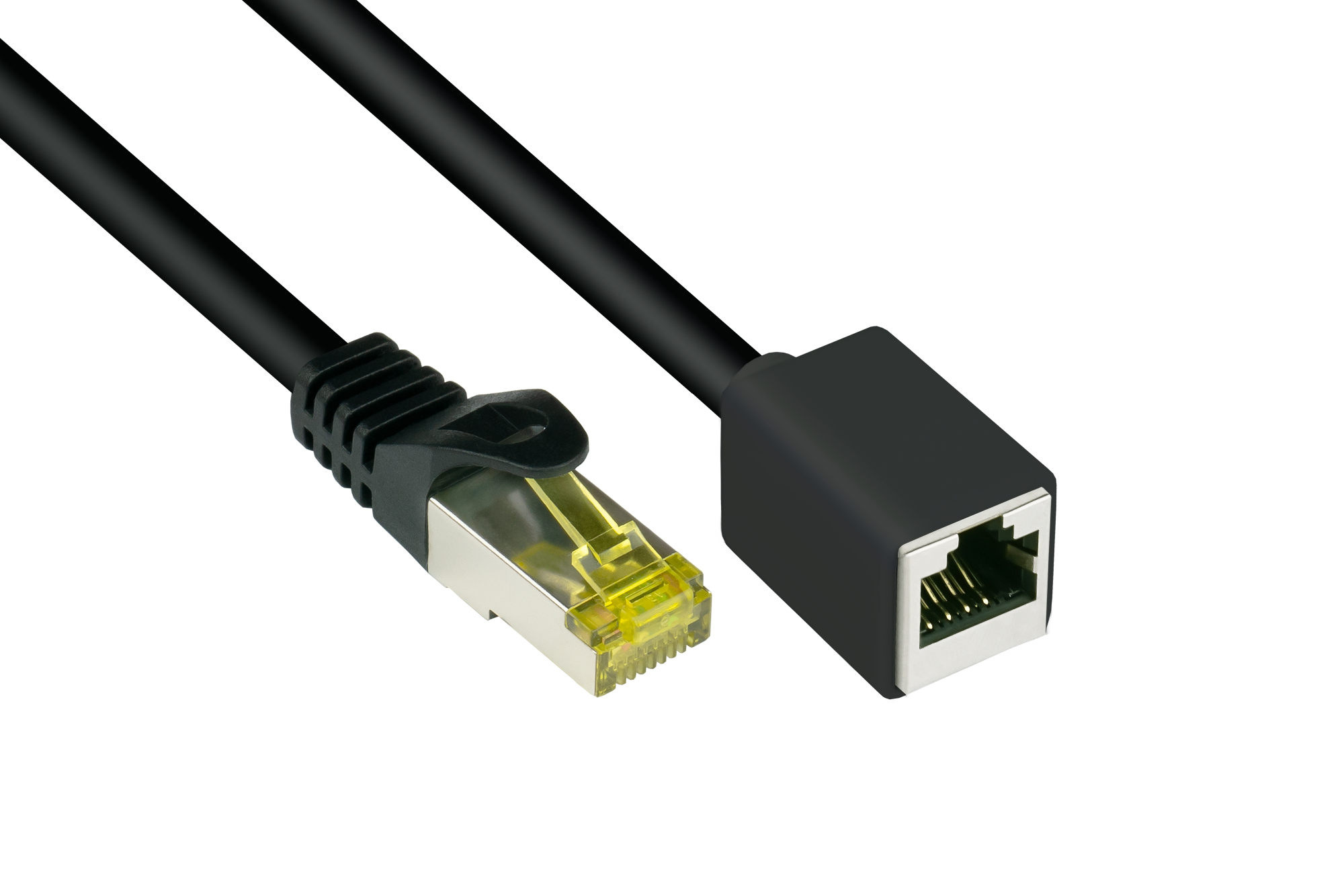 RJ45 Patchkabelverlängerung mit Cat. 7 Rohkabel und Rastnasenschutz (RNS®), S/FTP, PiMF, halogenfrei, 500MHz, OFC, schwarz, 2m, Good Connections®