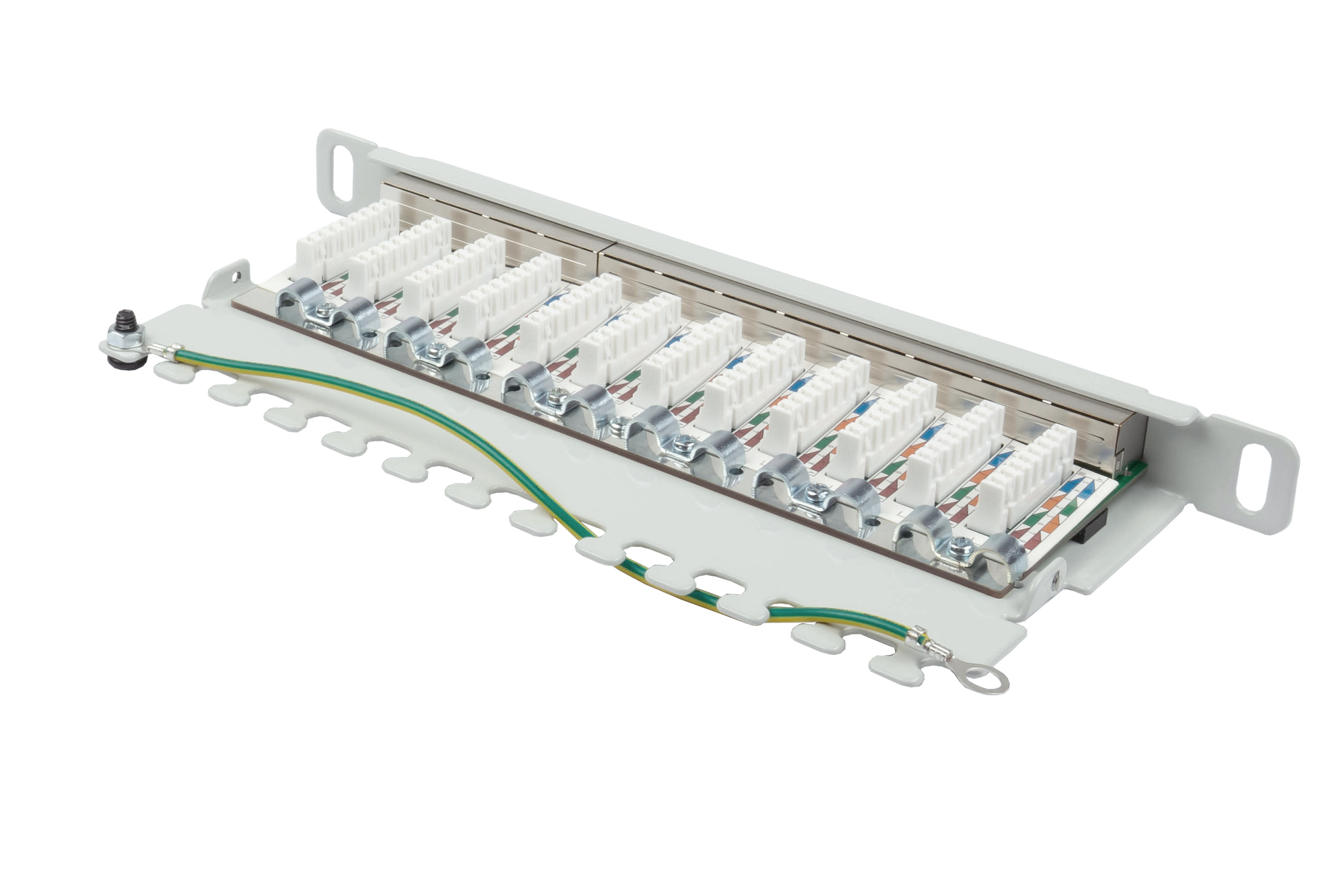 Patchpanel 10" Cat. 6, 12-Port, 0,5 HE, STP geschirmt, werkzeugloses Öffnen, Lichtgrau (RAL7035), Good Connections®