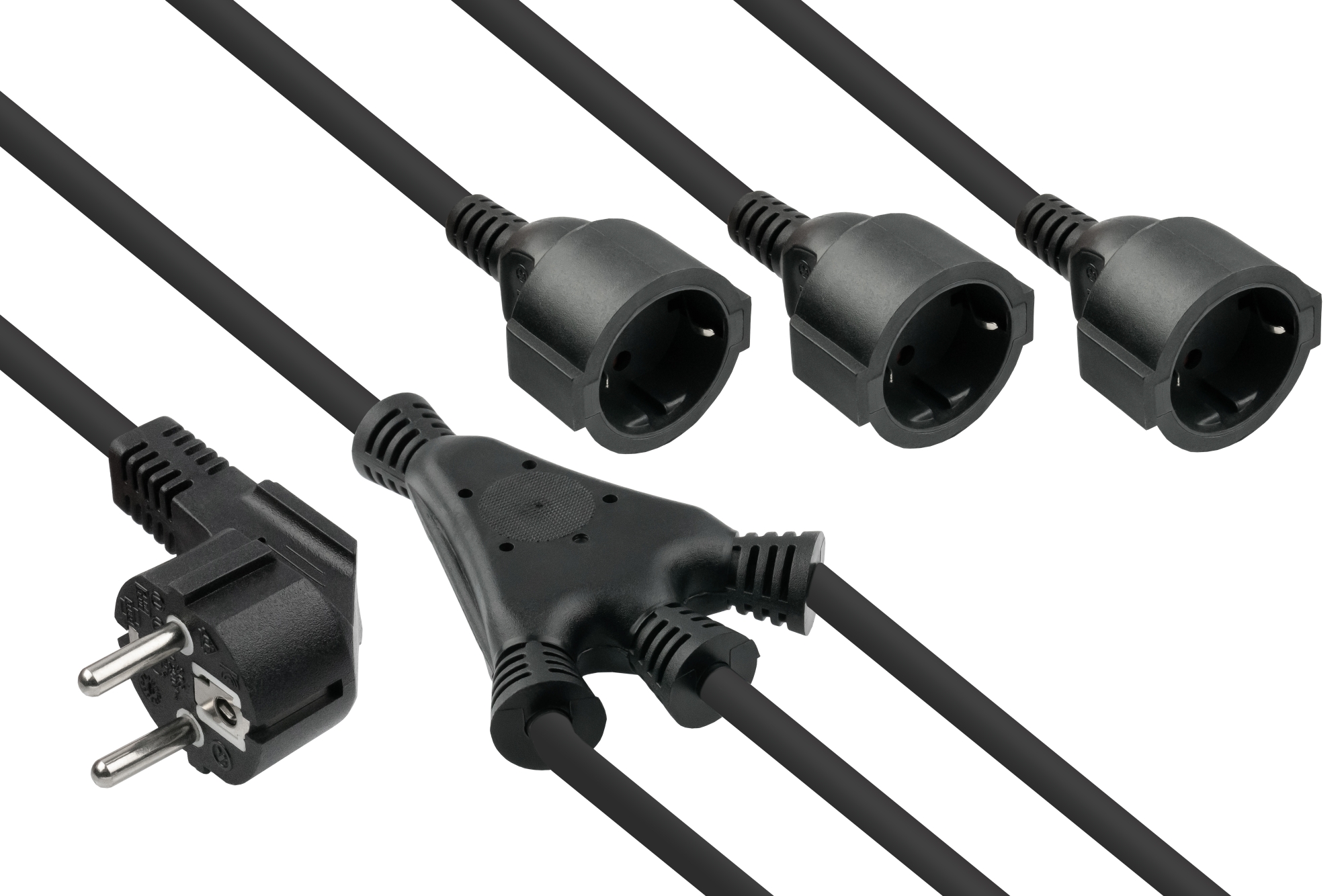 kabelmeister® W-Netzkabel Schutzkontakt-Stecker Typ E+F (CEE 7/7, gewinkelt) an 3x Buchse, schwarz, 0,2m