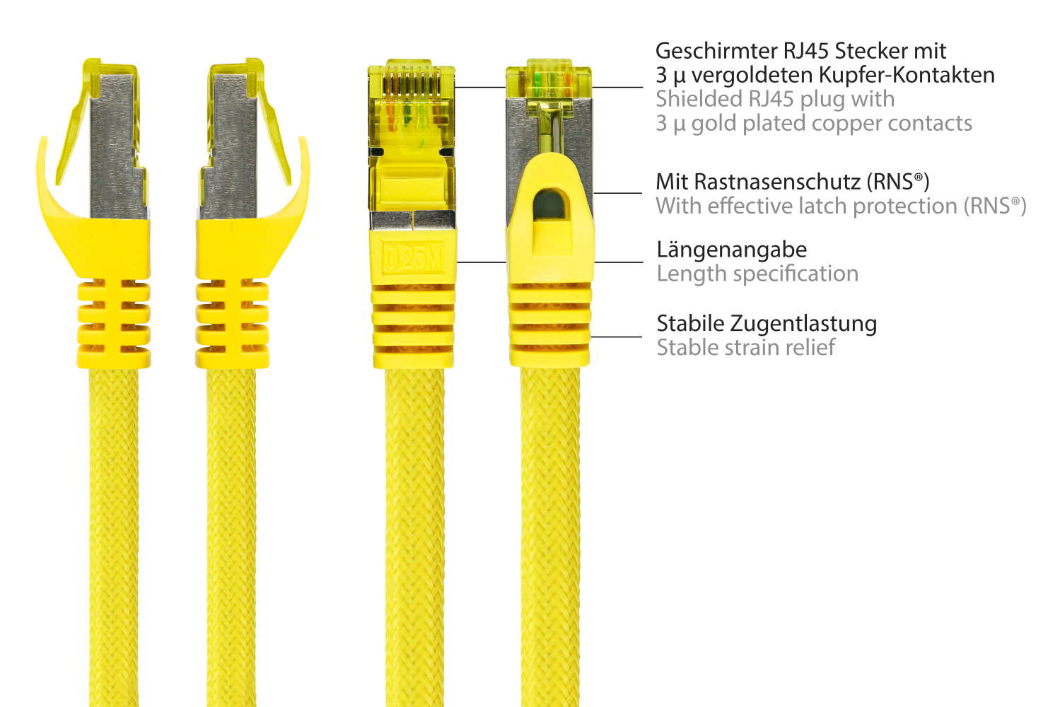 Python® Series RJ45 Patchkabel mit Cat. 7 Rohkabel, Rastnasenschutz (RNS®) und Nylongeflecht, S/FTP, PiMF, halogenfrei, 500MHz, OFC, gelb, 0,5m