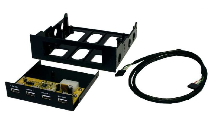 Hub, USB 2.0, 4 Port, intern für 5 1/4" und 3 1/2" Front-Einschub (Schwarz und Metall), Exsys® [EX-1174]