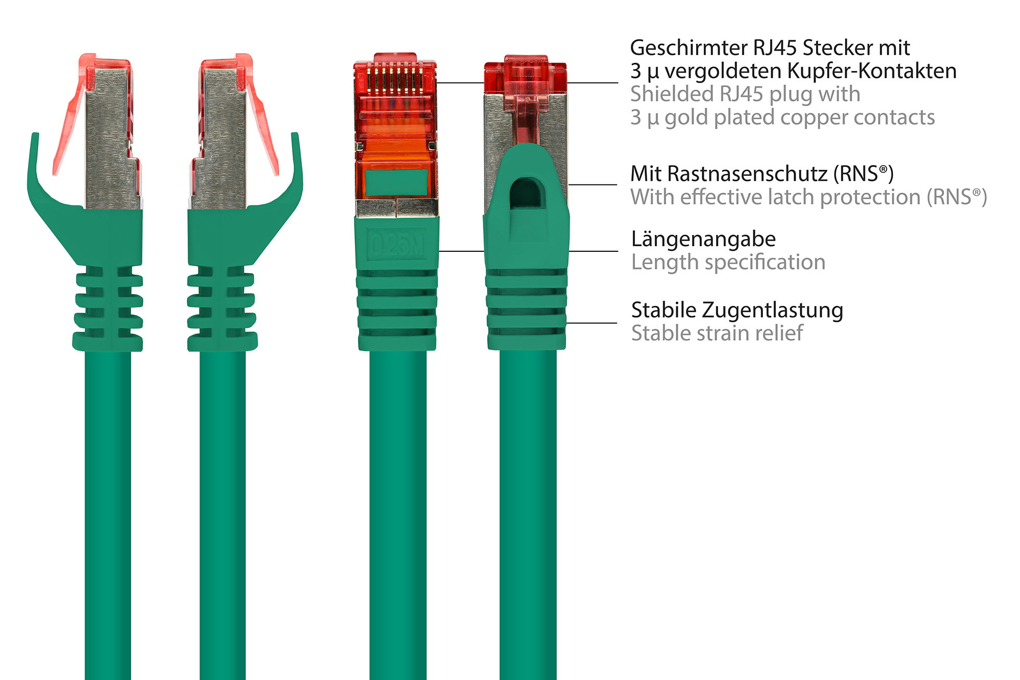 RNS® Patchkabel mit Rastnasenschutz, Cat. 6, S/FTP, PiMF, PVC, 250MHz, grün, 0,25m, Good Connections®