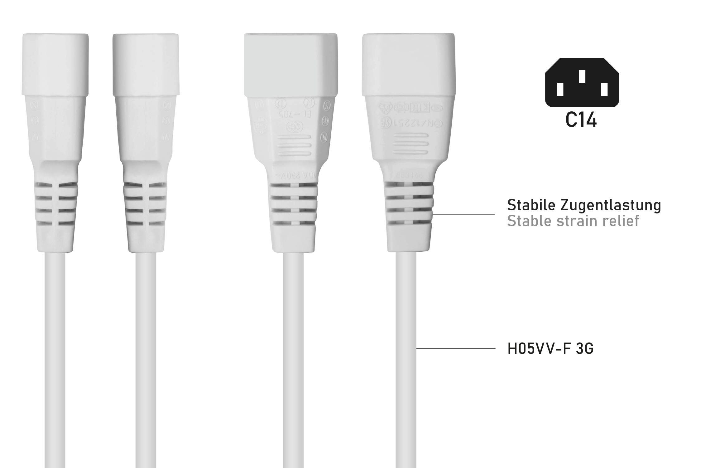 kabelmeister® Kaltgeräteverlängerung Kaltgeräte-Stecker C14 an Kaltgeräte-Buchse C13, weiß, 1,00mm², 5m