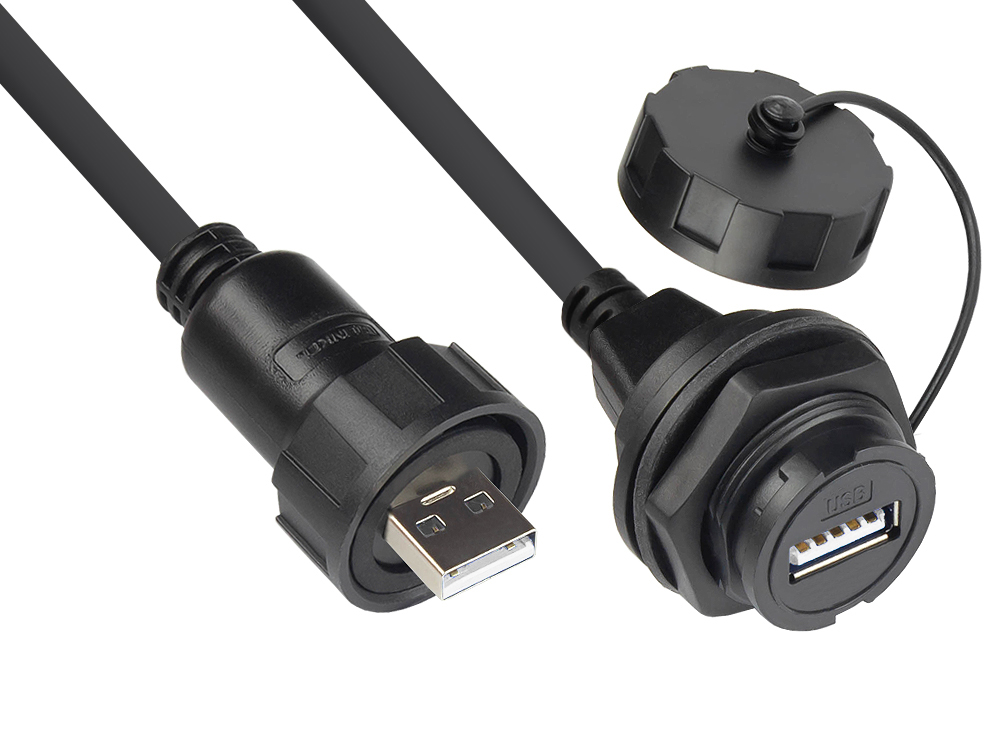 Industrie-Steckverbinder S4 - USB 2.0 Kabel, Stecker A an Einbaubuchse A, Kabelverschraubung beidseitig, Bajonett, IP67, schwarz, 1m, Good Connections