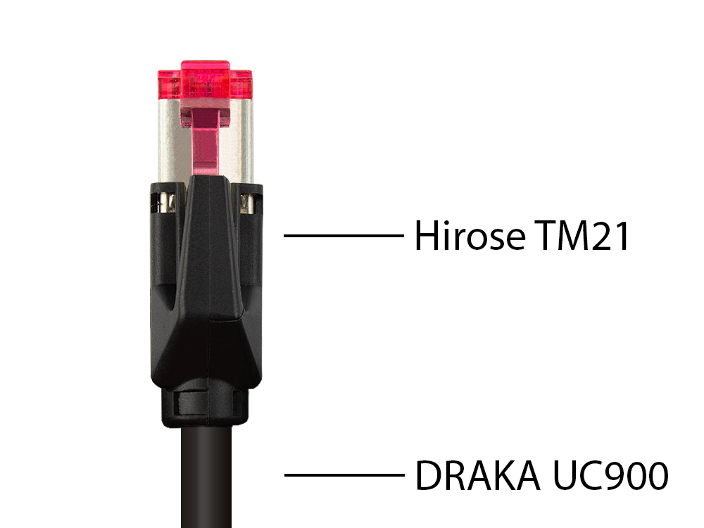 Patchkabel mit Cat. 7 Draka UC900 Rohkabel (900MHz) und Hirose TM21 Stecker (250MHz) beidseitig, S/FTP, PiMF, halogenfrei (LSZH), KUPFER, schwarz, 25m