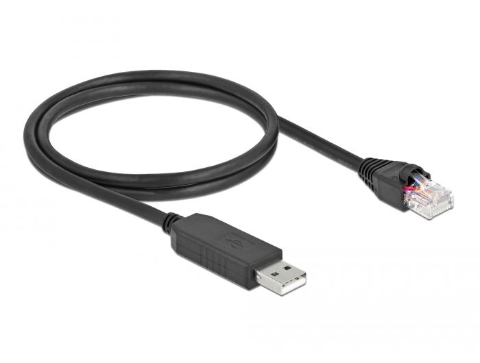 Serielles Anschlusskabel mit FTDI Chipsatz, USB 2.0 Typ-A Stecker zu RS-232 RJ45 Stecker, schwarz, 1 m, Delock® [64160]