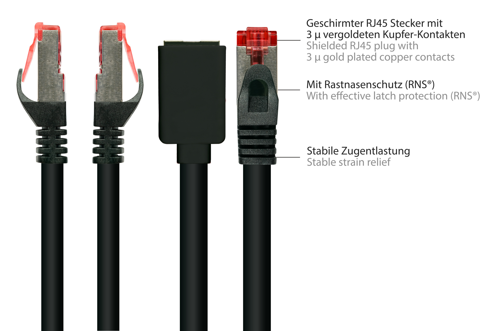 RNS® Patchkabelverlängerung mit Rastnasenschutz, Cat. 6, S/FTP, PiMF, PVC, 250MHz, OFC, CU, schwarz, 5m, Good Connections®