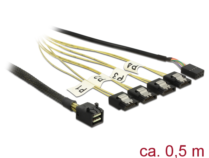 Mini SAS HD SFF-8643 an 4x SATA 7 Pin Reverse + Sideband, 0,5m, Delock® [83320]